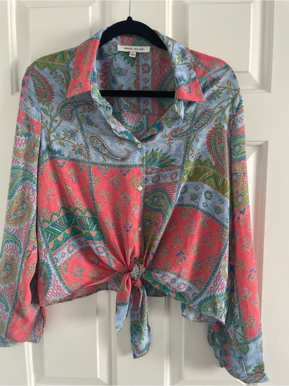 Rose & Olive Coral and Light Blue Paisley Tie-Front Button Down Shirt
